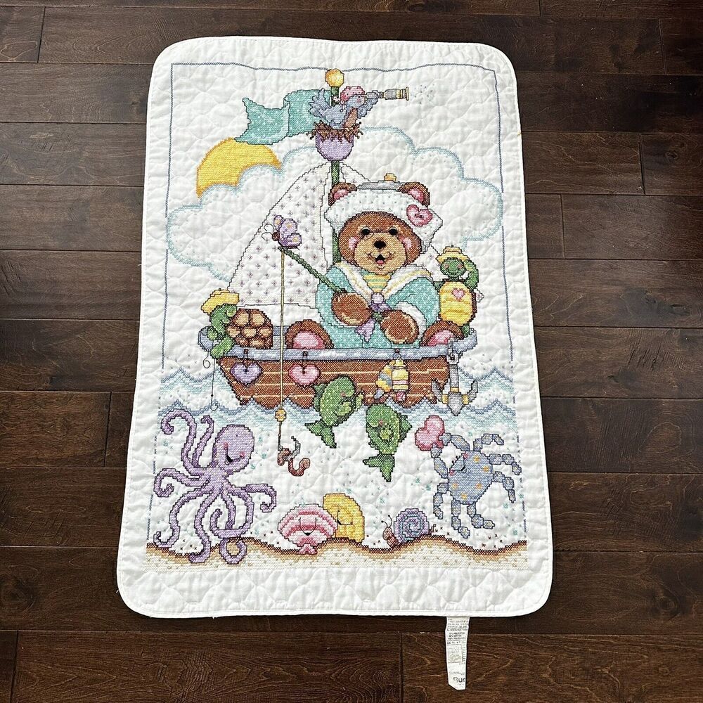 Cross Stitch Ships Ahoy Baby Quilt Blanket Bucilla Sailor Bear Fishing 27x41